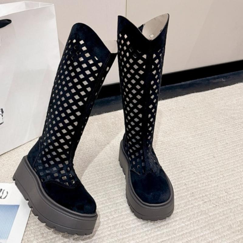 Fashion Women's High Boots Round Head Flannelette Mesh Back Zipper Waterproof Platform Anti-slip and Wear-resistant Mid-heels