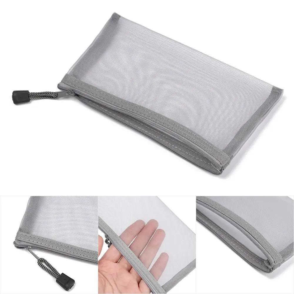 Nylon Zipper Pencil Case Mesh Pen Bag Makeup Cosmetic Storage Transparent Grid Coin Purse Solid Color Fashion Gifts Supplies