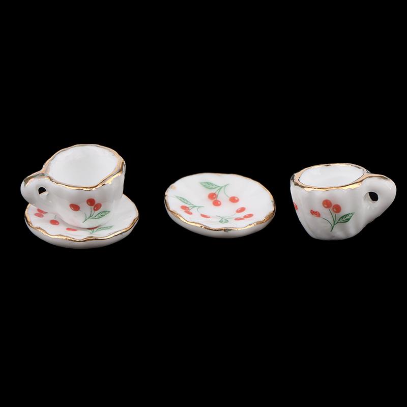 1Set/2Pcs 1:12 Dollhouse Miniature Cherry Ceramic Cup Saucer Kitchen Tableware Model Decor Toy Doll House Accessories