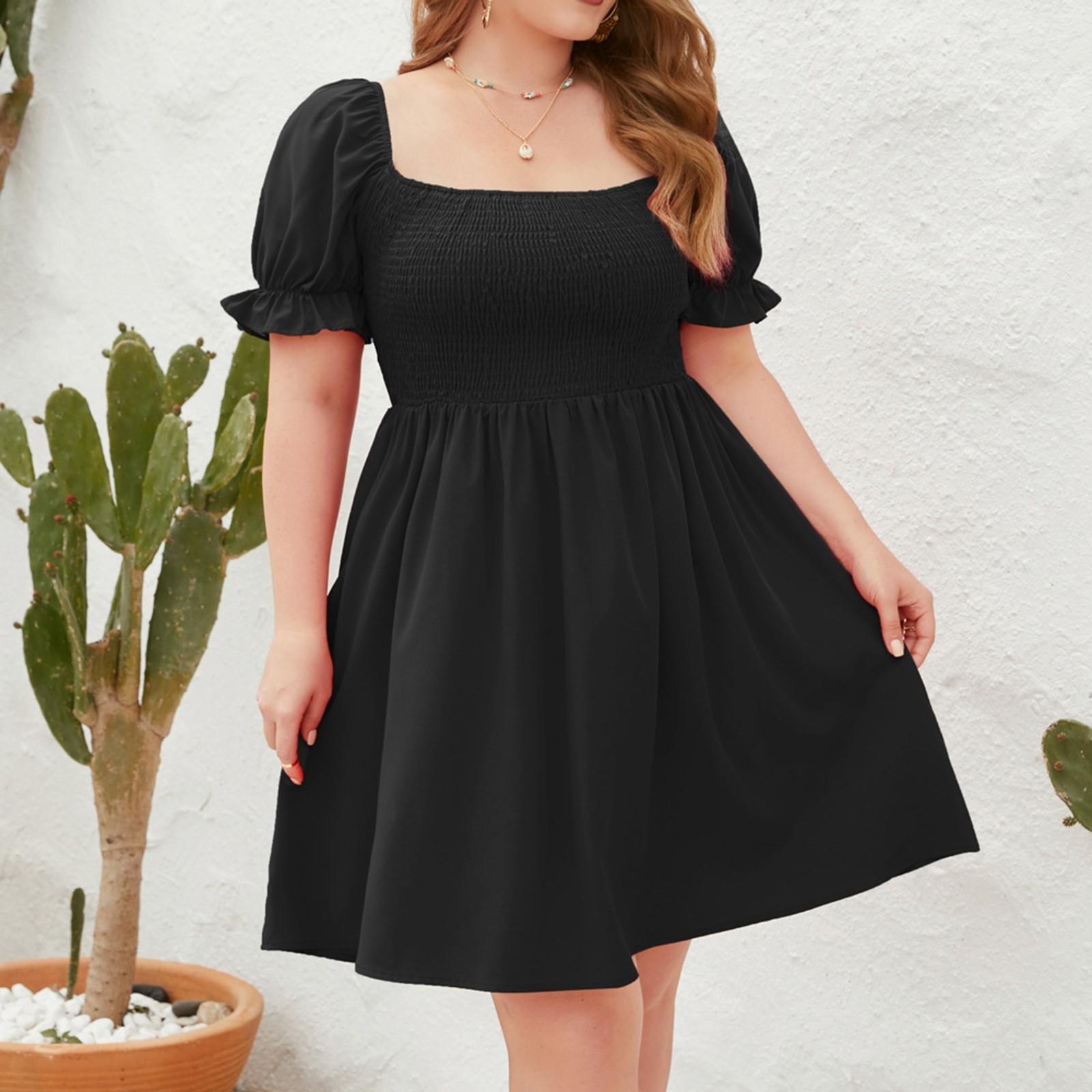 

Женское повседневное платье для отпуска больших размеров, однотонное, с квадратным воротником и рукавами-фонариками XXXL чёрный