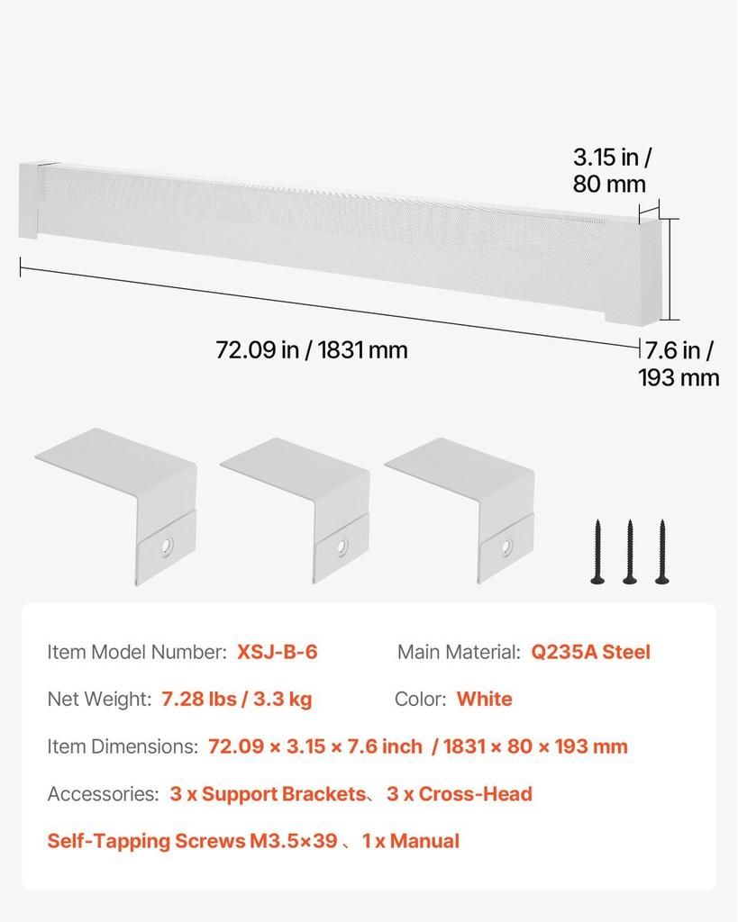 Baseboard Heater Covers, Basic Series 1831 Mm Standard Electric Heating Unit Front Cover for Home Improvement, Heavy-duty Steel, Easy Installation for