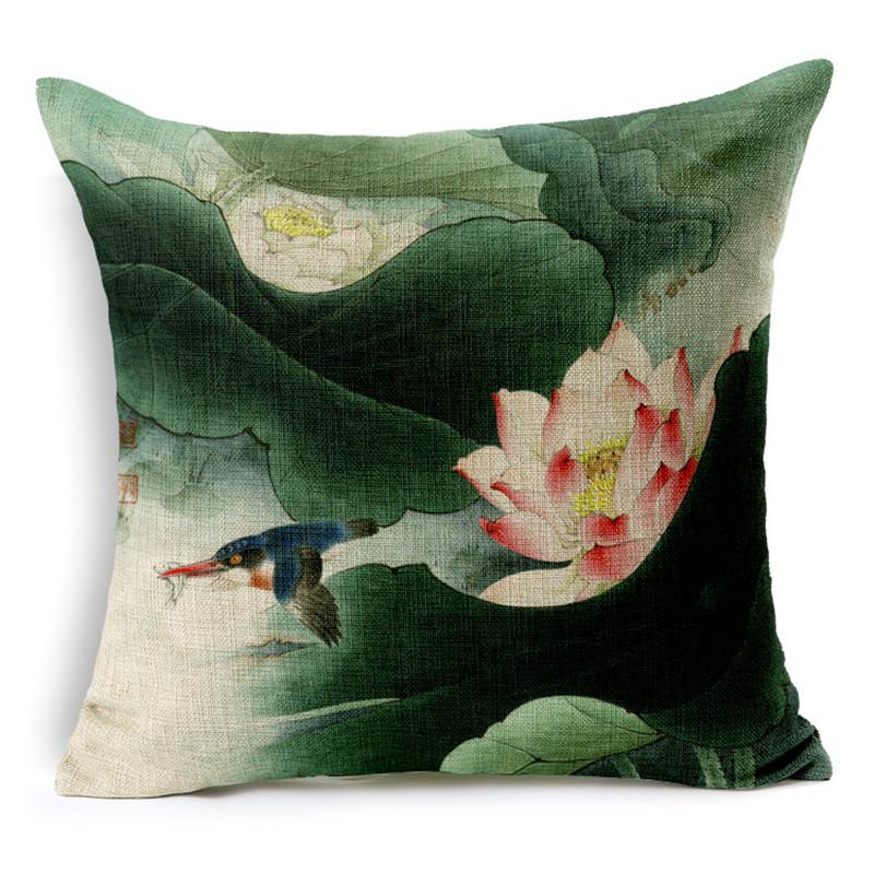 Vintage Style Decorative Throw Pillows Lotus Flower Linen Seat Retro Cushion Cover For Sofa Home Decor Funda Cojines 45Cm