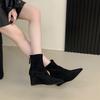 Suede Brown Pointed Toe Wedge Short Boots Rear Zipper Thin Boots Thin Autumn and Winter Women's Short Boots