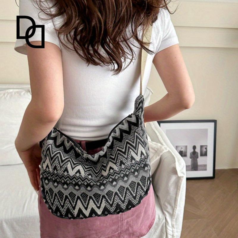 Stylish Foldable Canvas Shoulder Bag - Adjustable Strap, Stitched Embroidery, Spacious Interior - Perfect for Daily Use