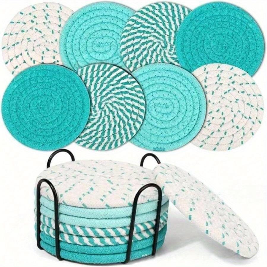 8Pcs Cotton Rope Woven Coaster with Holder Table Insulating Mat for Cup Bowl Resistant Coffee Shop Desktop Protection Pad