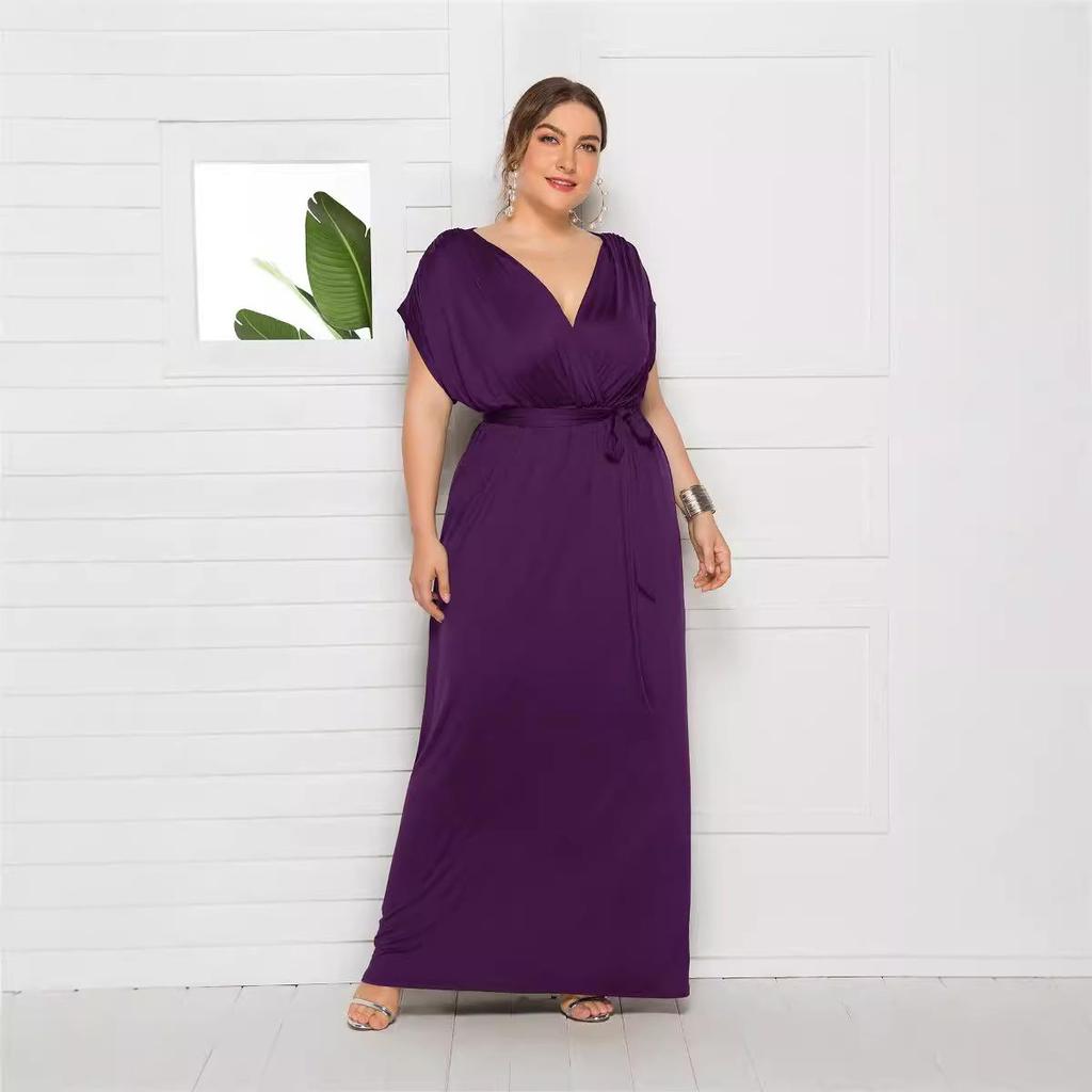 Plus Size Women’s Solid V-Neck Evening Dress, Sexy Loose Fit with Large Hem