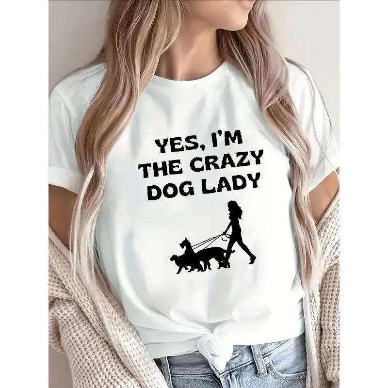 Damen T-Shirt "Ja, ich bin die verrückte Hunde-Lady" zum Gassi gehen - Schwarzes kurzärmeliges Freizeit-T-Shirt mit Hund & Leine Aufdruck, Leichtes dehnbares Polyester