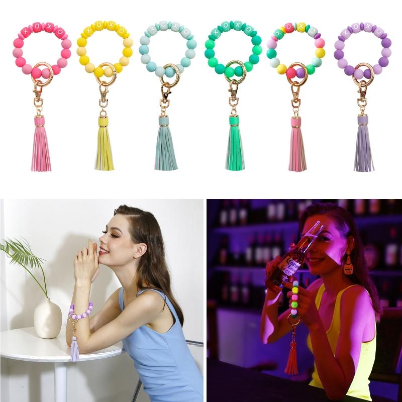 Wristlet Keychain Bracelet Bangle for Key Ring Chain Bracelet with Fluorescent Silicone Bead Leather Bead Keychain for W