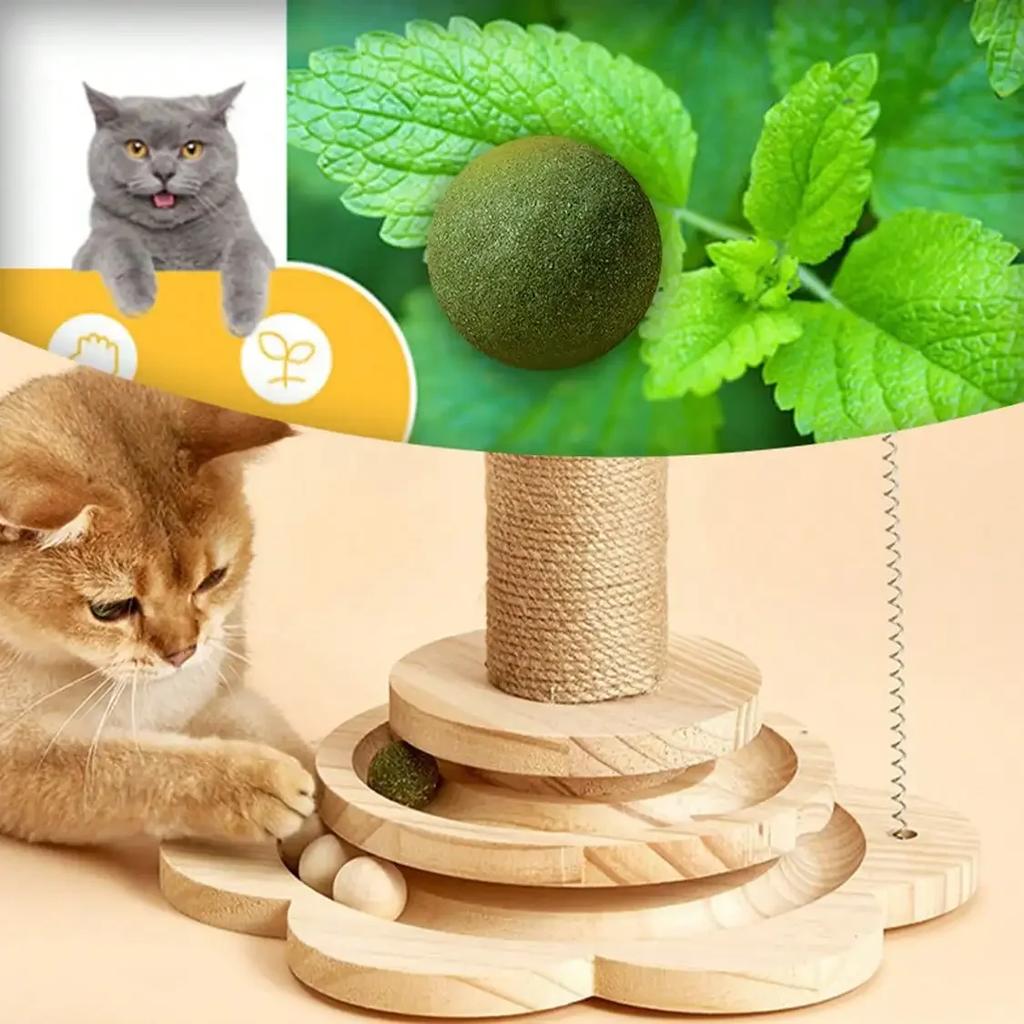 Solid Wood Cat Scratching Post Activity Center Natural Sisal Wrap Multi-Layer Turntable Platform With Rolling Catnip Balls Hanging Pom-poms & Spring