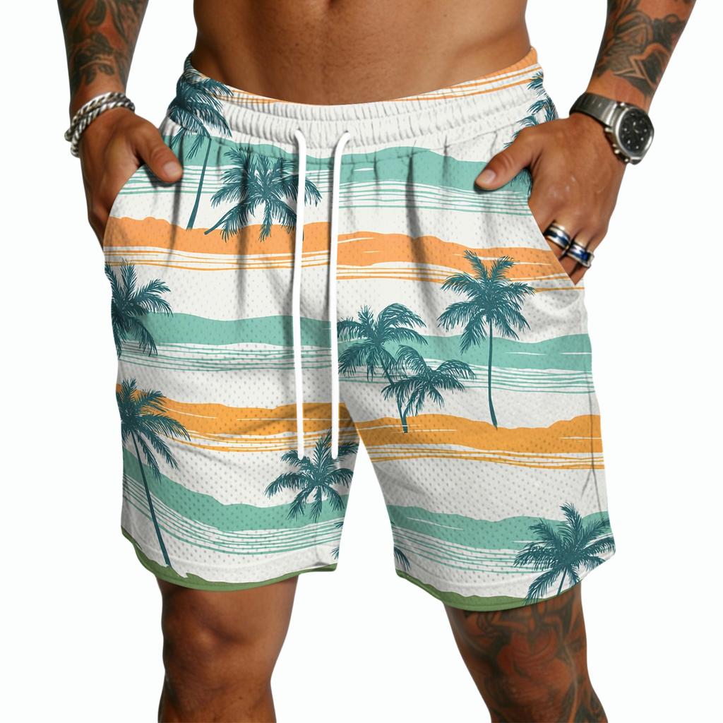 Mens Casual Drawstring Shorts Lightweight Quick Dry Five Inch Shorts with Elastic Waistband and Hawaiian Print for Summer Beachwear