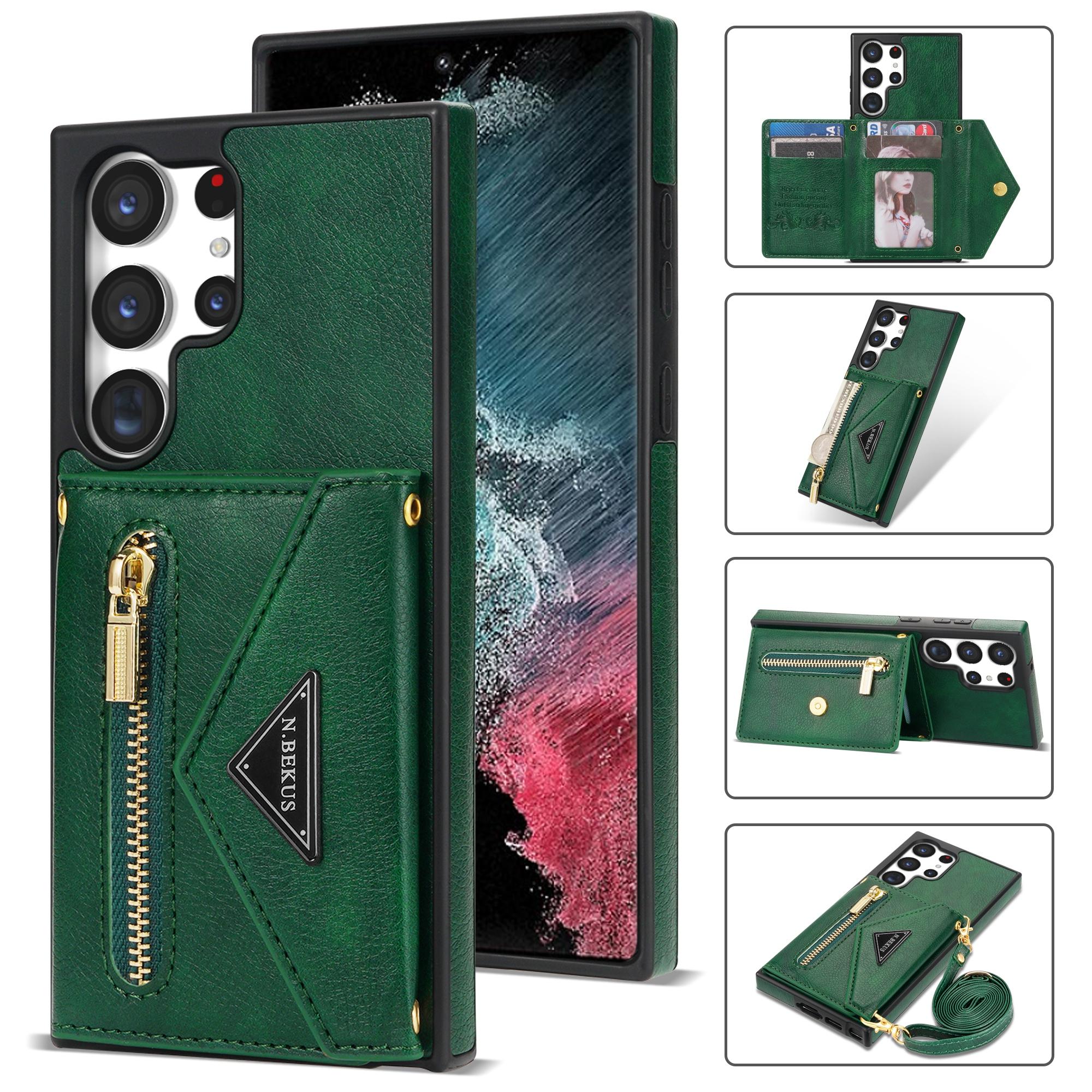 

N.BEKUS For Samsung Galaxy S25 Ultra Leather Zipper Case Card Holder Phone Cover with Shoulder Strap Green