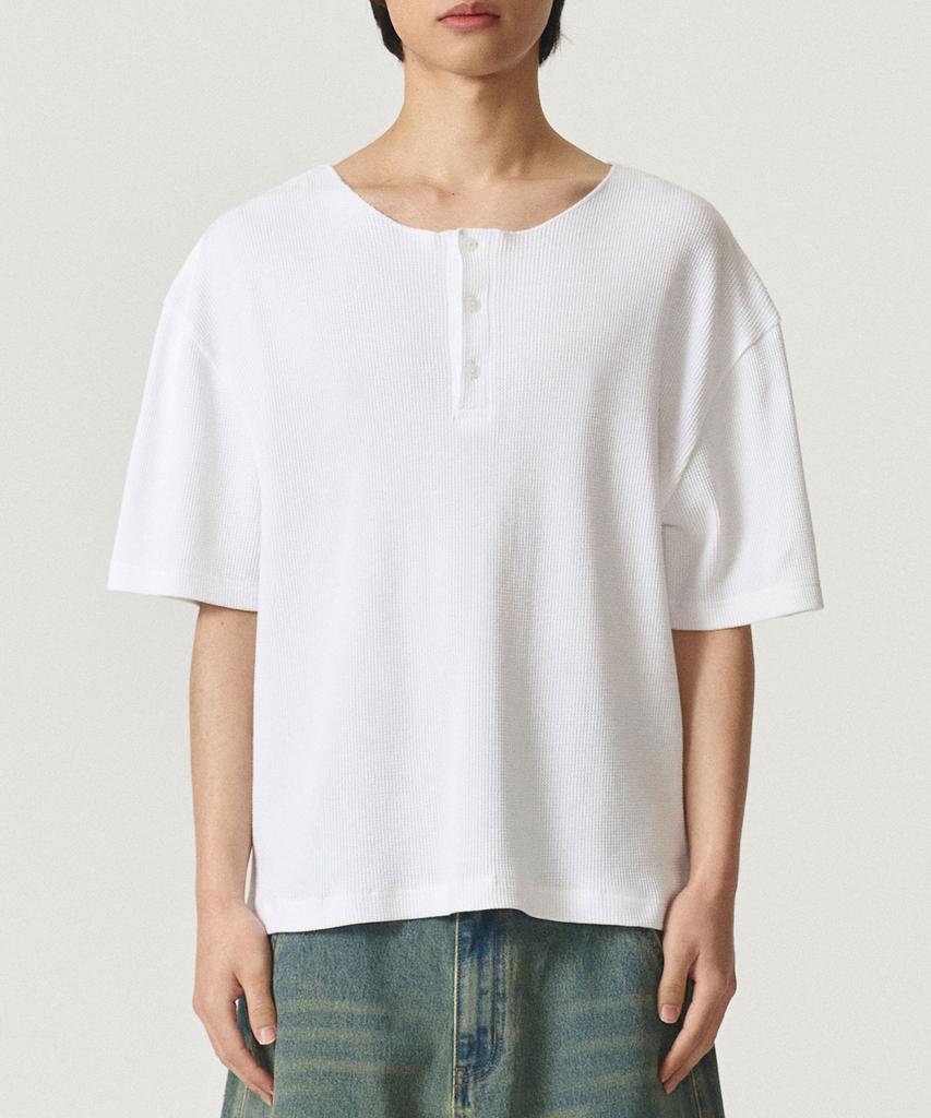 Kaneitei Waffle Henley Neck Short Sleeves (White)