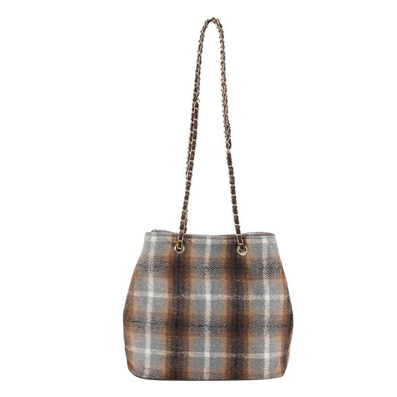 Retro Plaid Large-capacity Chain Shoulder Bag 2025 Autumn New Women's Armpit Bag Fashionable Bucket Bag