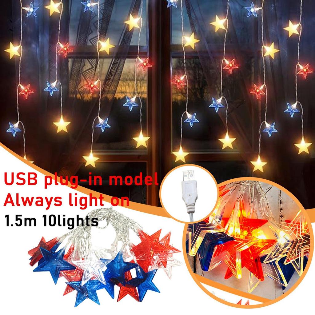 USB Plug-In, Red, White And Blue Three-Color Five-Pointed Star Decorative Lamp LED American Independence Day Light String