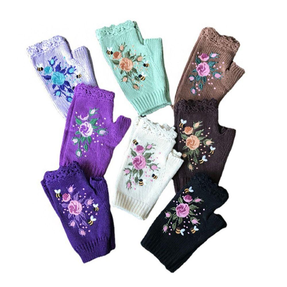 Vintage Winter Wool Gloves Floral Crochet Flower Mittens Cute Fingerless Gloves  Girls