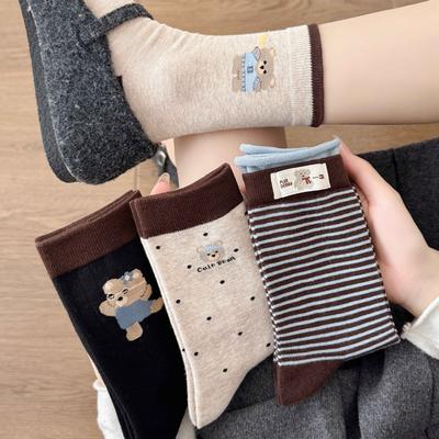 Polka Dot Striped Cartoon Bear Cloth Label Socks Internet Celebrity Maillard Coffee Color Double Mouth Contrasting Color Medium Tube Stacking Socks