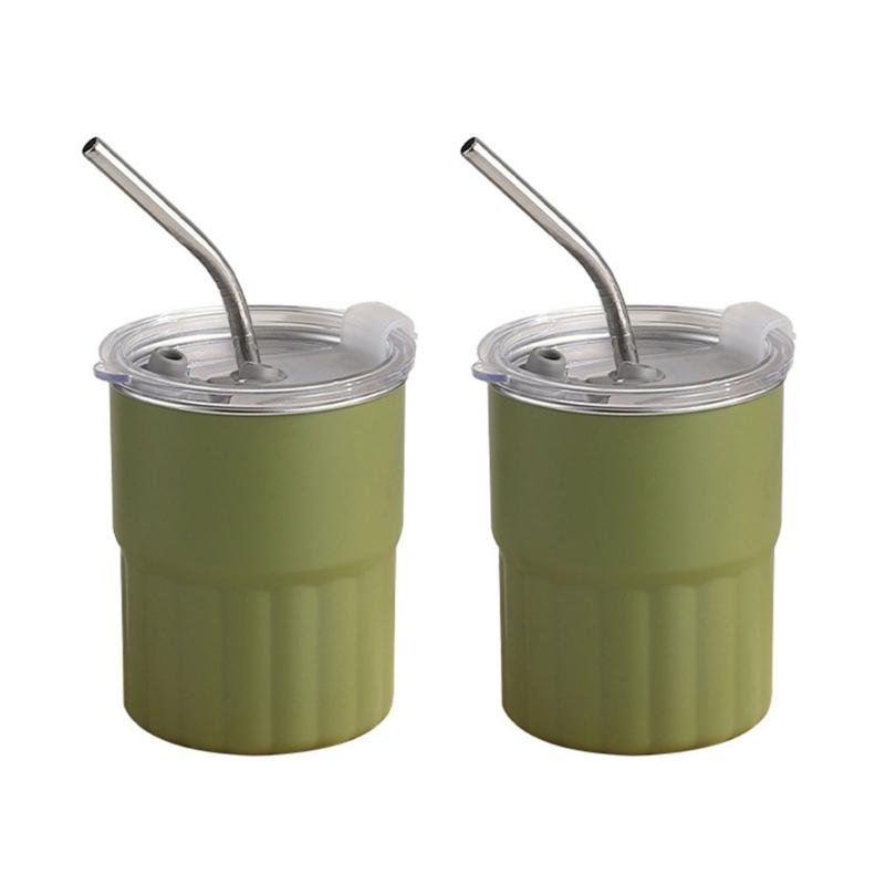 2pcs 304 Stainless Steel Cups Stackable Metal Cold Water Glasses Double Walled Drinking Cup with Straw and Lid