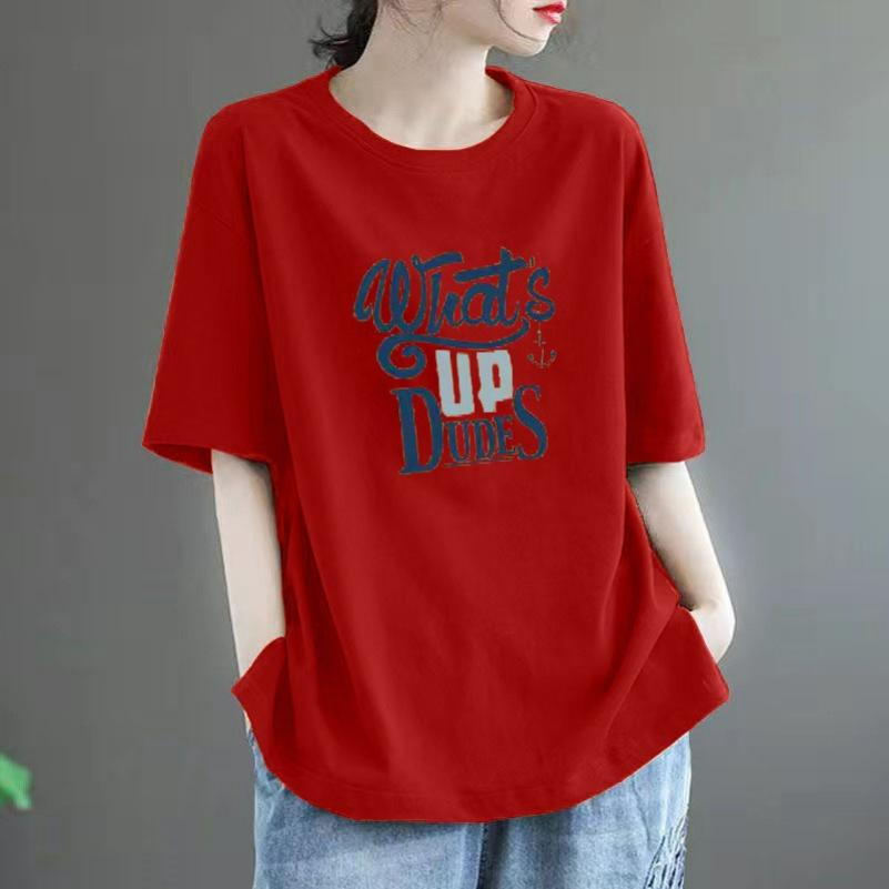 Cotton Short-sleeved T-shirt Women's Summer Loose Large Size All-match Western Casual Printed Top Trend
