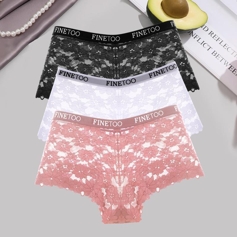 3Pcs Lace Hollow Out Boyshorts Women's Sexy Floral Panties 5 Solid Colours Underwear Letter Belt Briefs Perspective Lingerie