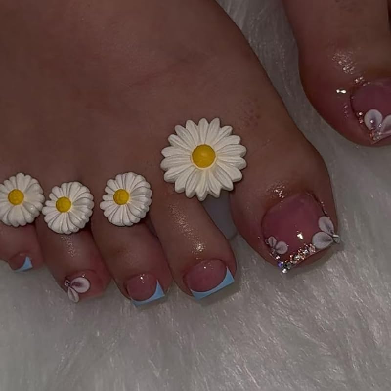 24 Pcs Blue French Press On Toenails YEFIUM Rhinestone Flower Acrylic Toe Nail Kit Fake Toe Nails Press ons Full Cover False Nails Glue on Toenails Toenails - A02