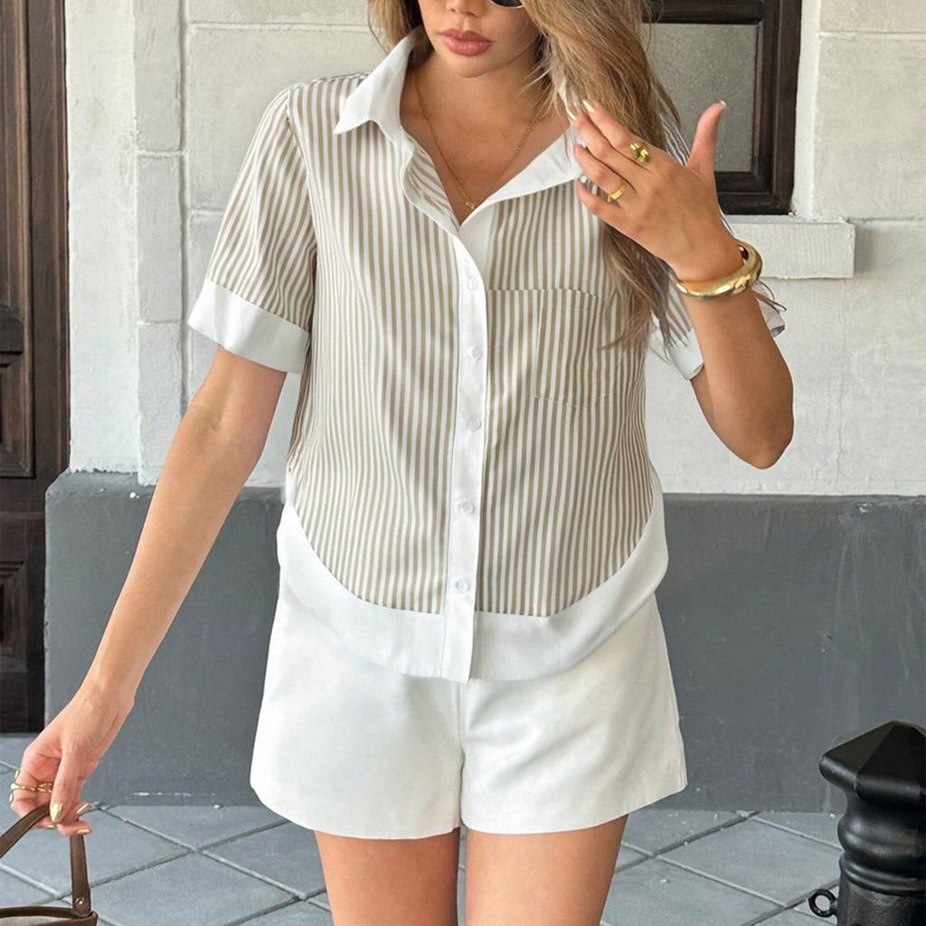 Damska Koszula Top Modny Kołnierzyk Kolorowe Bloki Luźna Jednorzędowa Krótki Rękaw