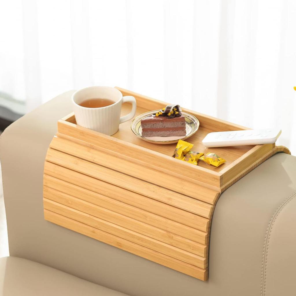 Couch Cup Holder Portable Foldable Non Slip Bambusoideae Sofa Armrest Tray for Living Room
