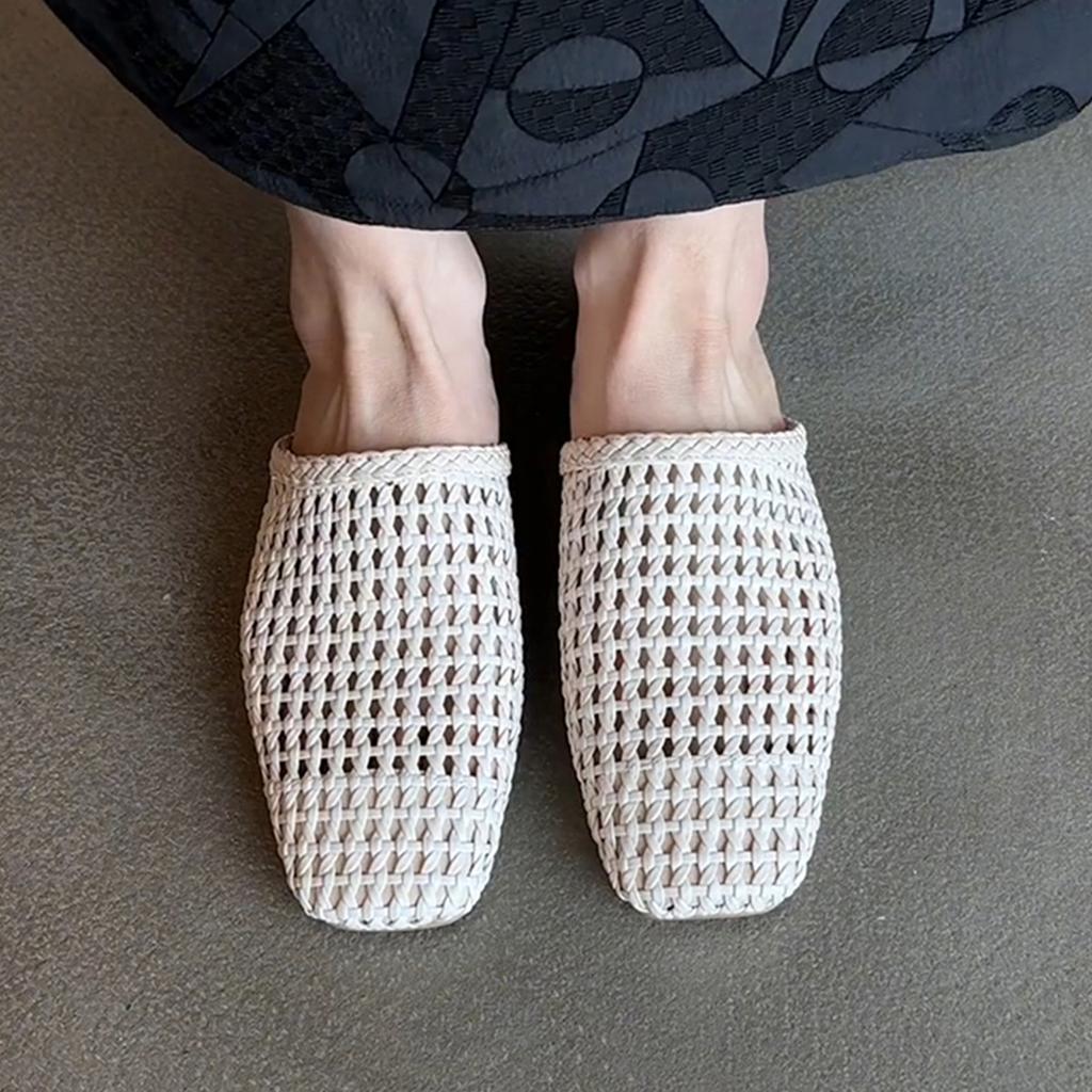 Hand-woven mesh yarn bag head sandals women's French versatile hollowed-out outer wear square head flat bottom half slippers