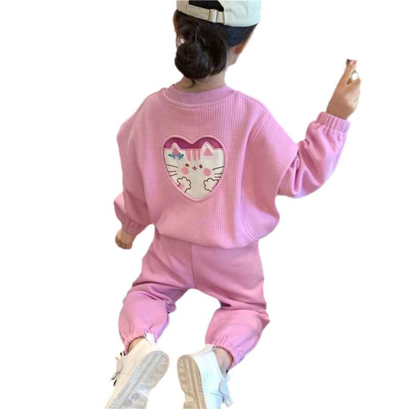 Girls' Cartoon Letter Two-Piece Set: Cute and Stylish Spring/Autumn Top & Pants for Kids