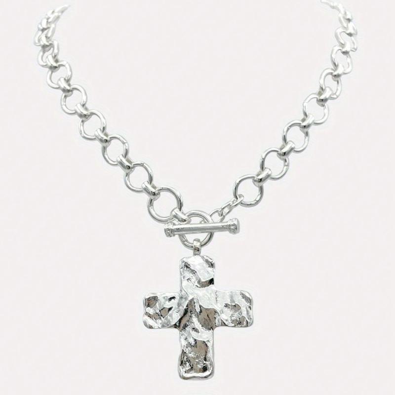 Hammered Bold Cross Necklace Thick Chain Set for Women Men Chunky Golden Silvery Statement Pendant Necklace Vintage Chain Pendant Jewelry