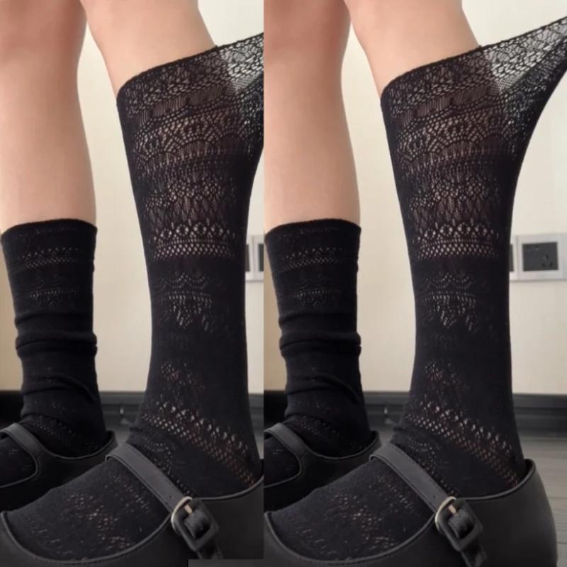 1/2pairs Lolita Sweet Pile Socks for Women Girls Mesh Hollowed Out Thin Nylon Silk Retro Flower Lace Socks Ladies Crew Socks