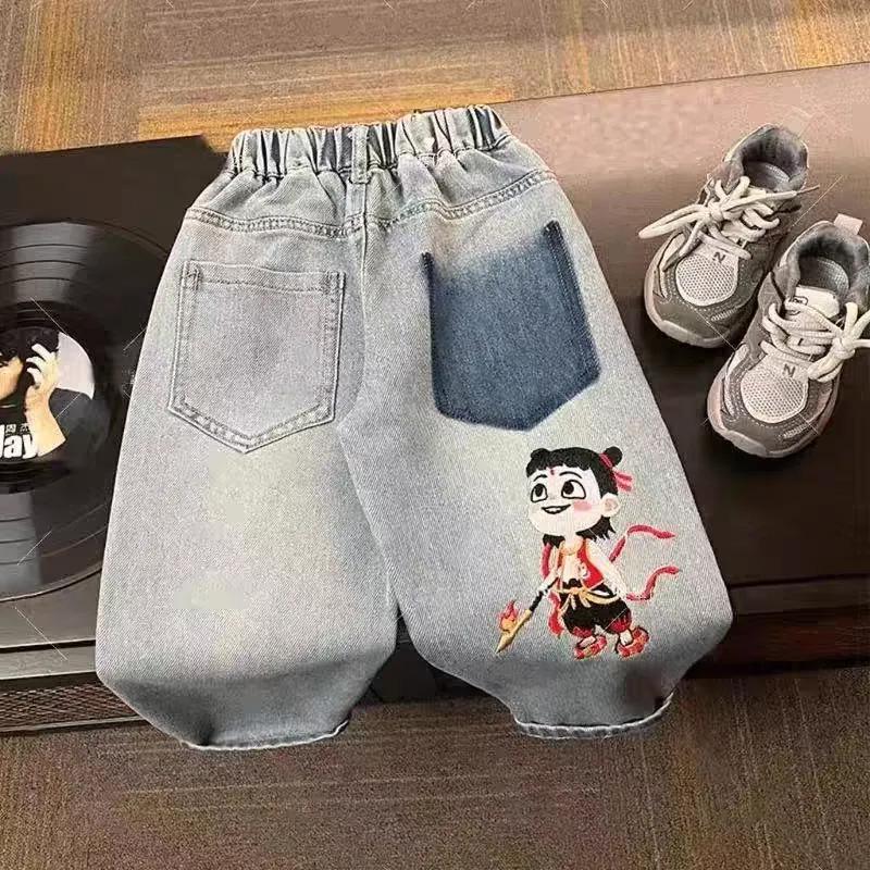 

Nezha 2025 Стильные джинсы с вышивкой для мальчиков - Прямые длинные брюки 110cm