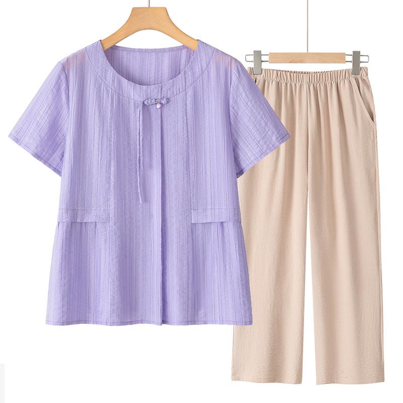 Tencel Kurzarm Oberteil im chinesischen Stil für Frauen mittleren Alters - 2025 Sommer Zweiteiler