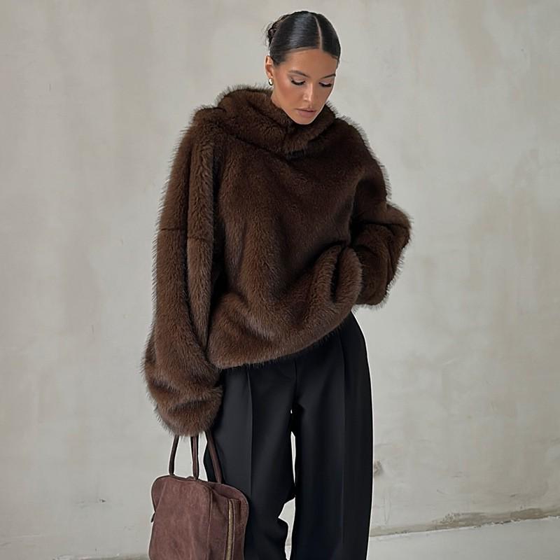 Womens Faux Fur Hooded Coat Winter Warm Streetwear Oversized Jacket With Pockets