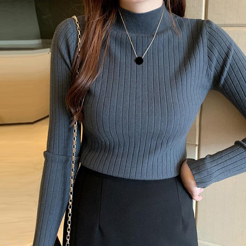 Autumn Winter Mock Neck Women Sweater Vintage Basic Solid Knitted Tops Casual Slim Pullover Korean Sweaters Simple Chic Jumpers