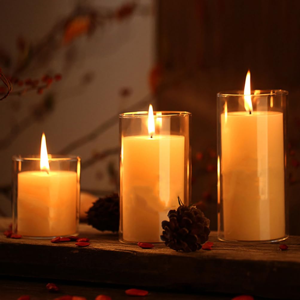 Luxshiny 3-teiliger Glas-Kerzenhalter - 6,5 cm Klare Zylinder-Kerzengläser für Stumpenkerzen, Hochzeits-Mittelstücke & Heimdeko (klar)