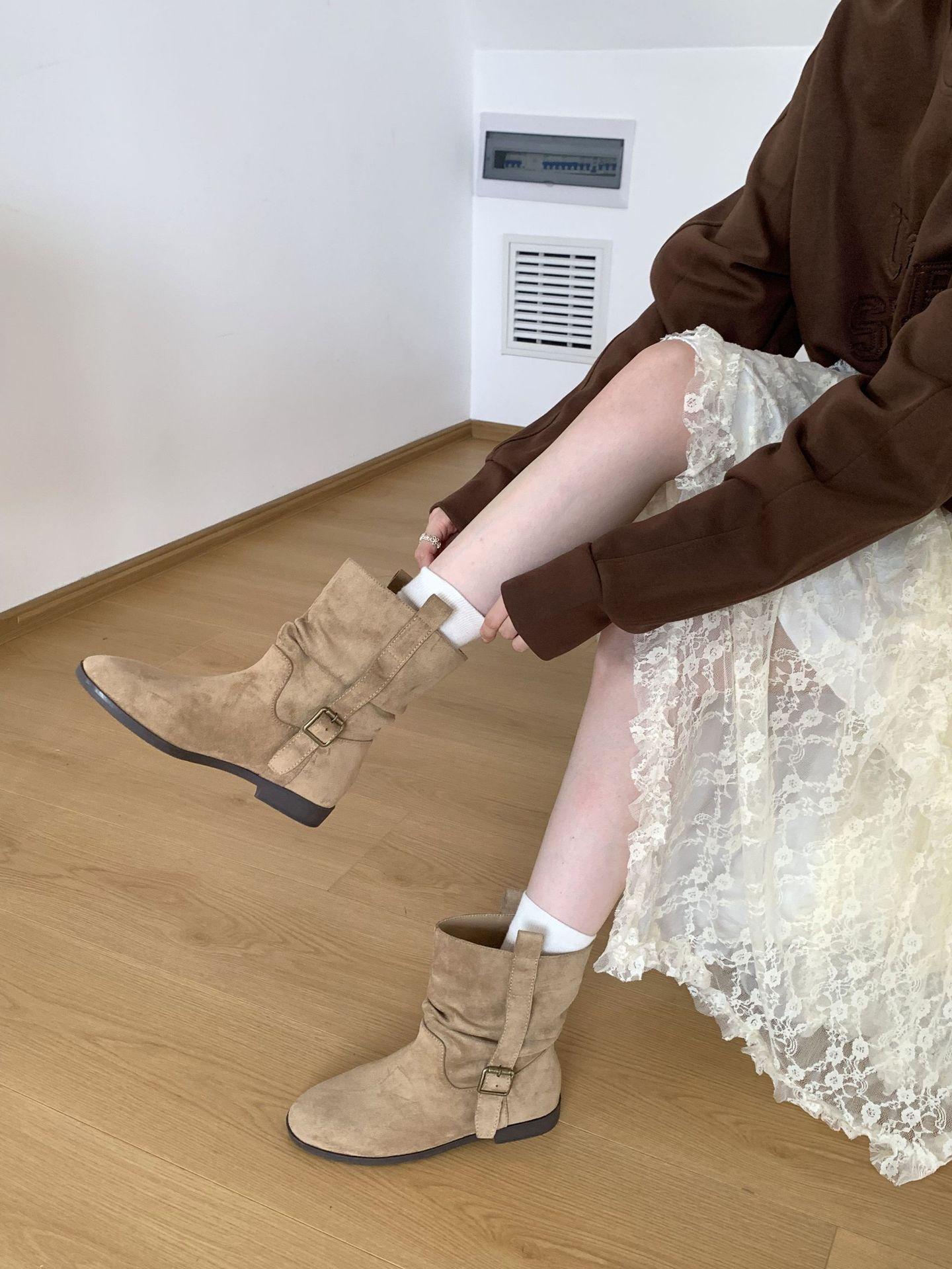 

~ Ретро замшевые ковбойские сапоги с V-образным вырезом, женские остроносые сапоги средней длины на высоком каблуке, сапоги на наборном каблуке с пряжкой-ремнем 39 хаки