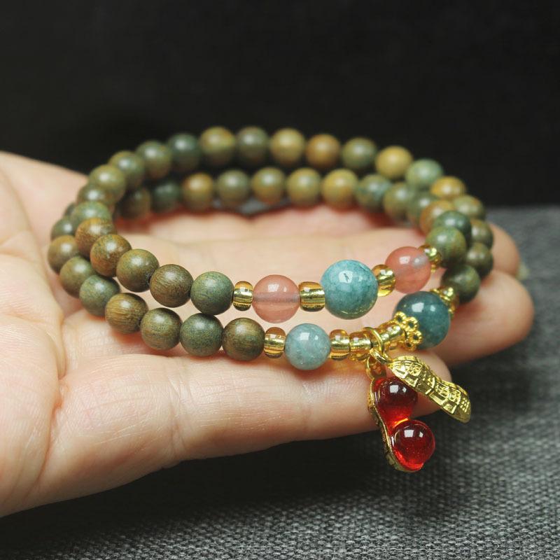 

Women Ethnic Green Sandalwood Prayer Beads Bracelet Peanut Charm Wenwan Jewelry
