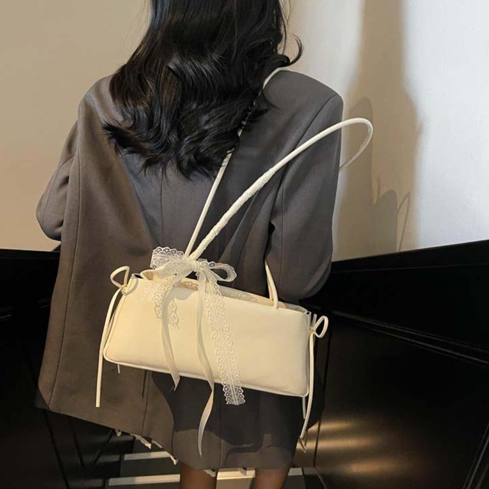 Bow Ribbon Silver PU Shoulder Bag High Quality Cylinder Underarm Bags French Stick Handbag  Daily