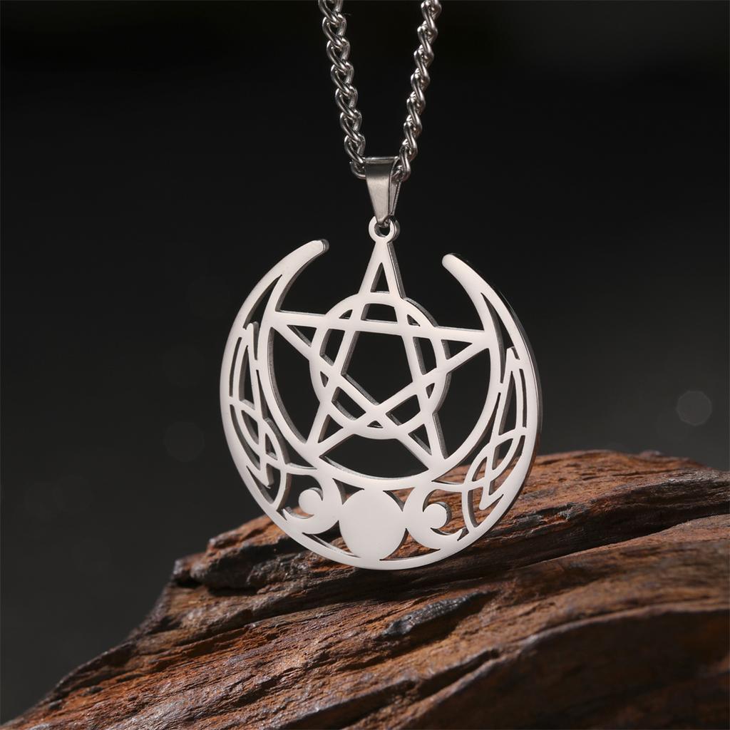  Pentagram Triple Moon Goddess Necklace Stainless Steel Hollow Witch Talisman Necklace Greek Jewelry Gift Wholesale