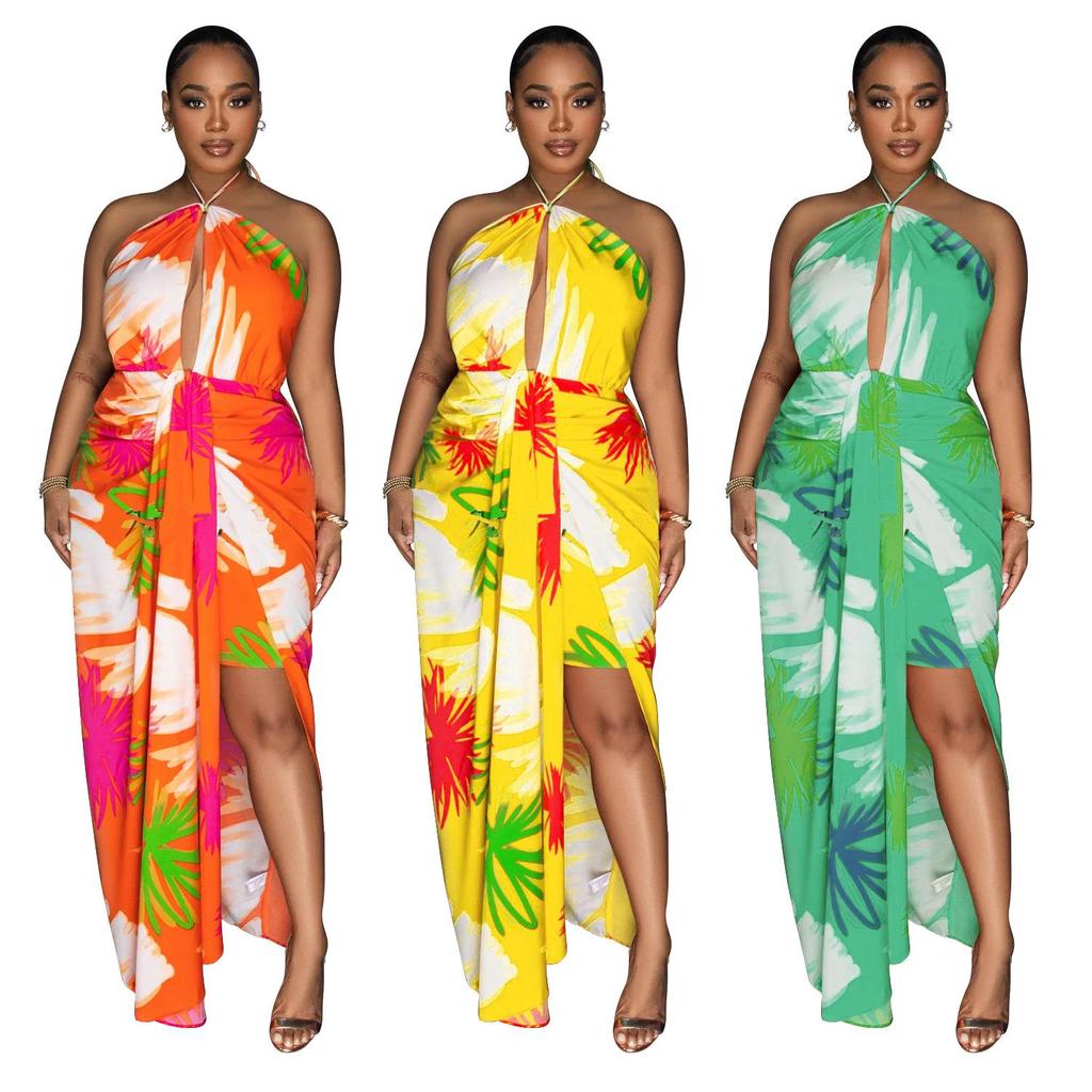 C6921 European & American Style Women's Printed Backless Lace-up Long Dress