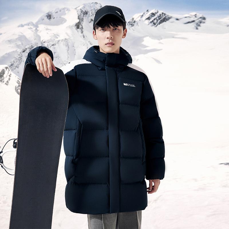 Anta Champion All-Weather Series Color Block Zipper Hooded Mid-Length Four-Proof Long Sleeve Snow Shell Down Jacket Men Outerwear 952347908-4