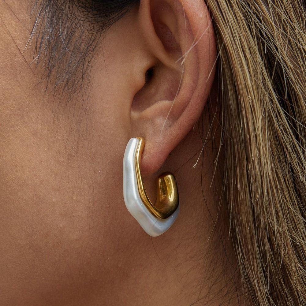 Stainless Steel Hoop Earrings Gold Color Huggie Earrings Vintage Resin Pearl Earrings  Gift