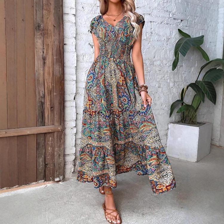 Bohemian Floral Maxi Dress for Women European American Holiday Style with Waist Accent