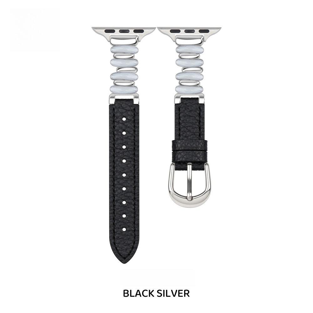 Women Luminous Moon White Beaded Lychee Grain Spliced Leather Slim Strap for Apple Watch Series12 11 10 SE1 2 3/Ultra4 3 2 38/42/44/45/49 mm