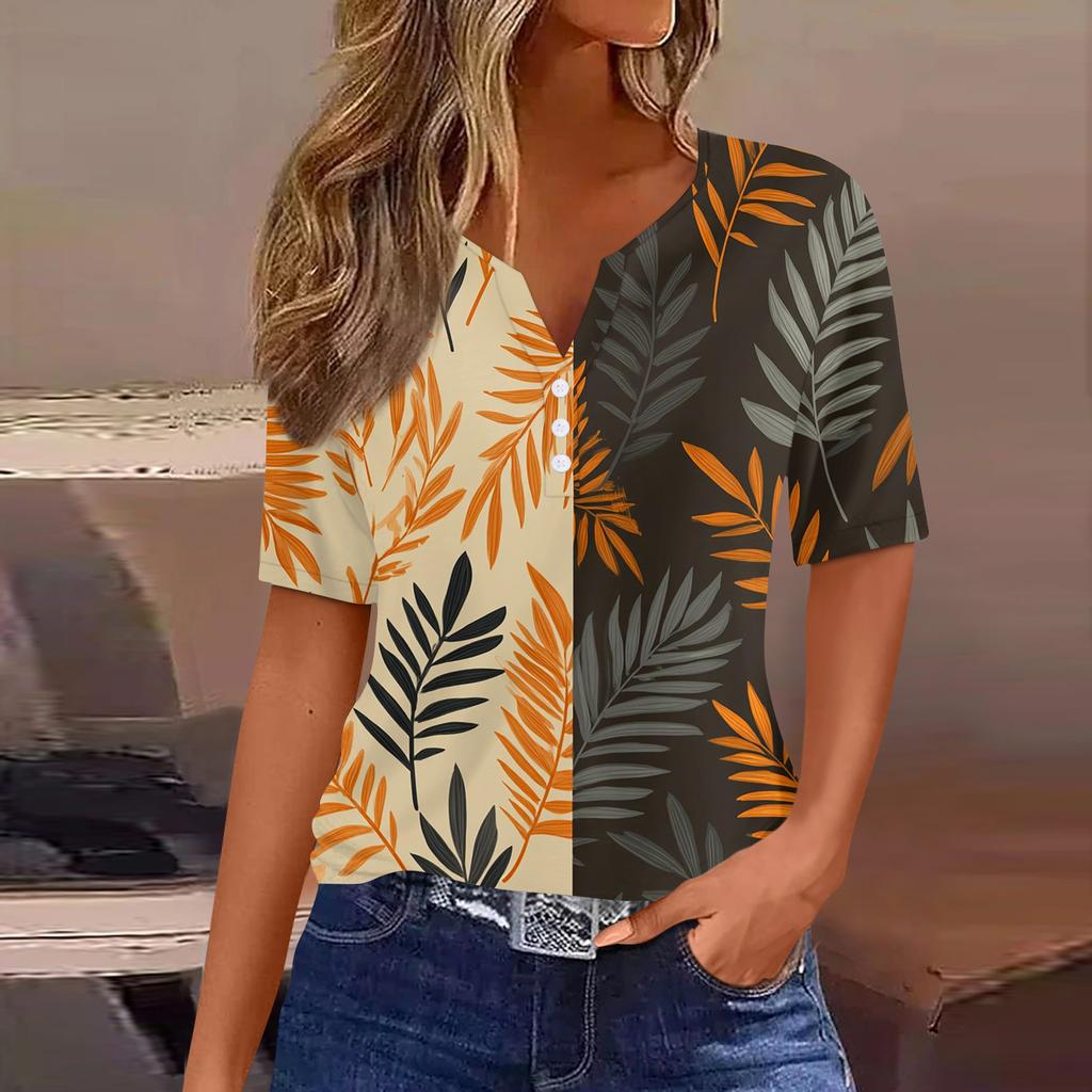 Women's fashionable casual Hawaiian print V-neck short-sleeved button-down T-shirt top