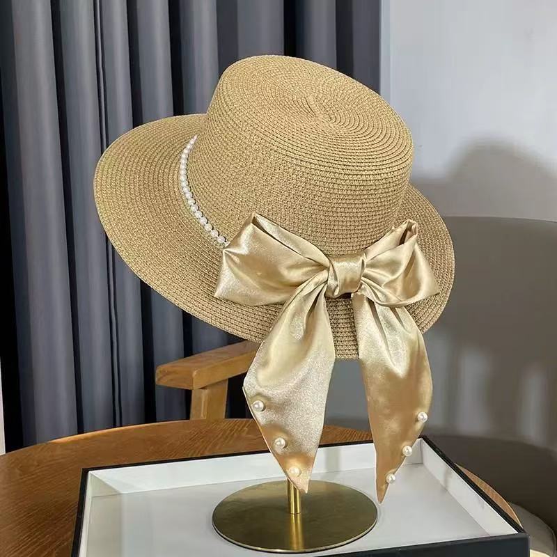 Meimeier Women's new summer retro french pearl straw hat - perfect for beach trips, flat top socialite style