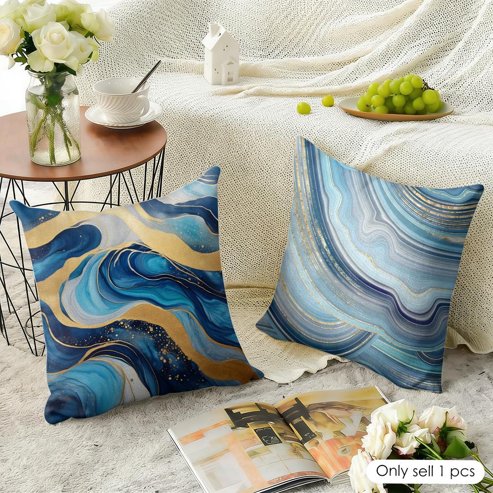Blue Gold Wave-Shaped Pattern Cushion Cover Natural Linen Organic Fabric Double-Sided Printing Breathable Perfect For Home Decor