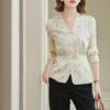 Casual Single Button V-Neck Shirt Commute Letter Printed Women's Clothing Long Sleeve Spring Autumn Stylish Waist Spliced Blouse