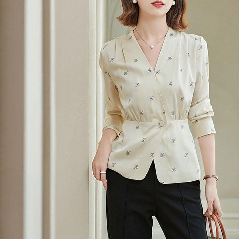 Casual Single Button V-Neck Shirt Commute Letter Printed Women's Clothing Long Sleeve Spring Autumn Stylish Waist Spliced Blouse