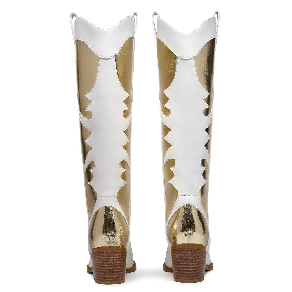 Women's Western Cowboy Boots Pointed Toe Metallic Mid-Calf Wide Feet Cowgirl Boots Colorful Sparkly Chunky Stacked Heel Shoes